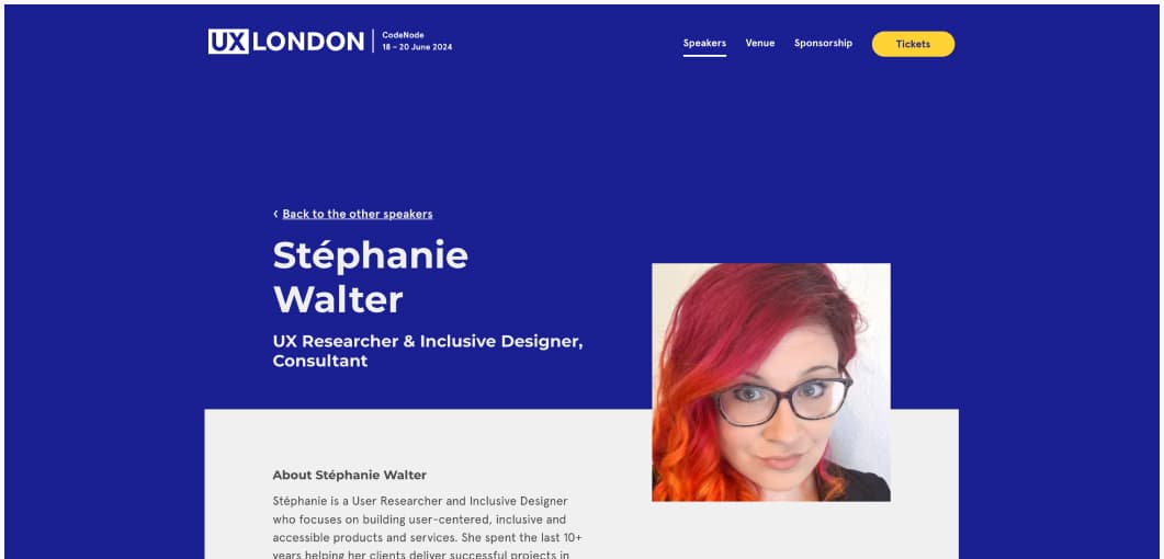 screenshot of the UX london site with my headshot
