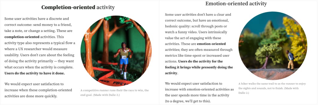 Screenshot of the article detailing 2 types of activities: completion oriented (Users do the activity to have it done.) and emotion oriented (Users do the activity for the feeling it brings while presently doing the activity). Full text version in the article).