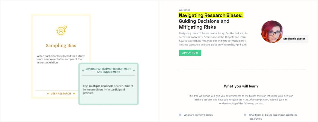A sampling bias card, and on top of it, a mitigation strategy: Use multiple channels of recruitment to insure diversity in participant profiles. And a screenshot of the page for the workshop