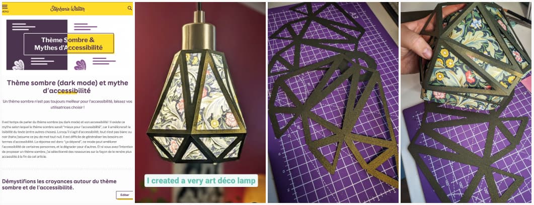 Collage of a screenshot of the article about dark theme in French and the making of for a low poly lamp shade with a green floral paper and dark borders 