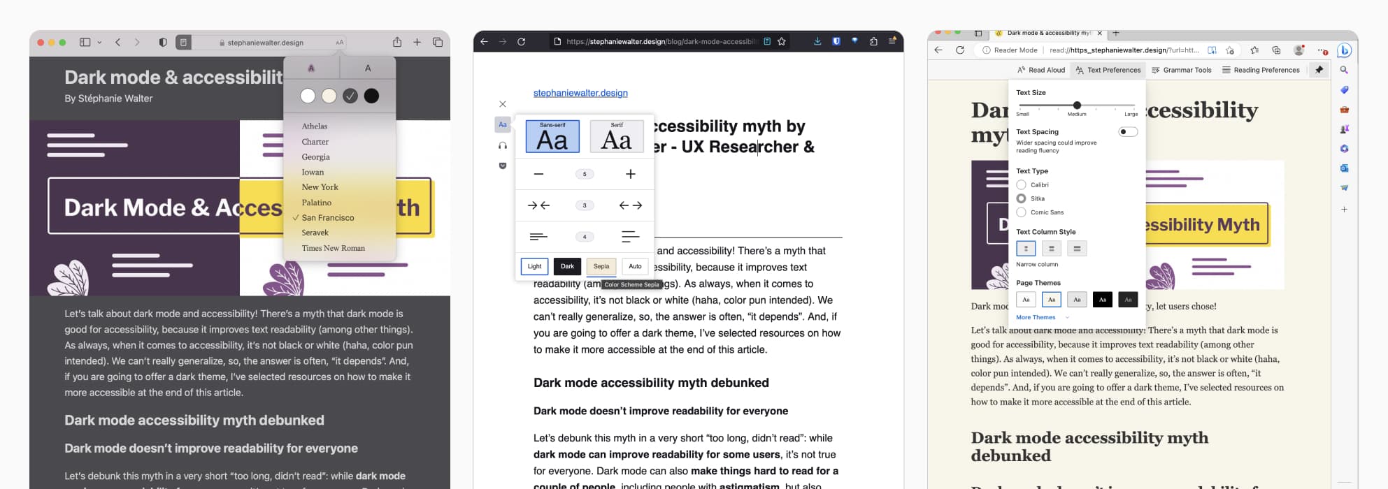Examples of Safari, Firefox and Edge reading mode with different options to customize the text, from light to dark mode with different shades of gray and sepia in between