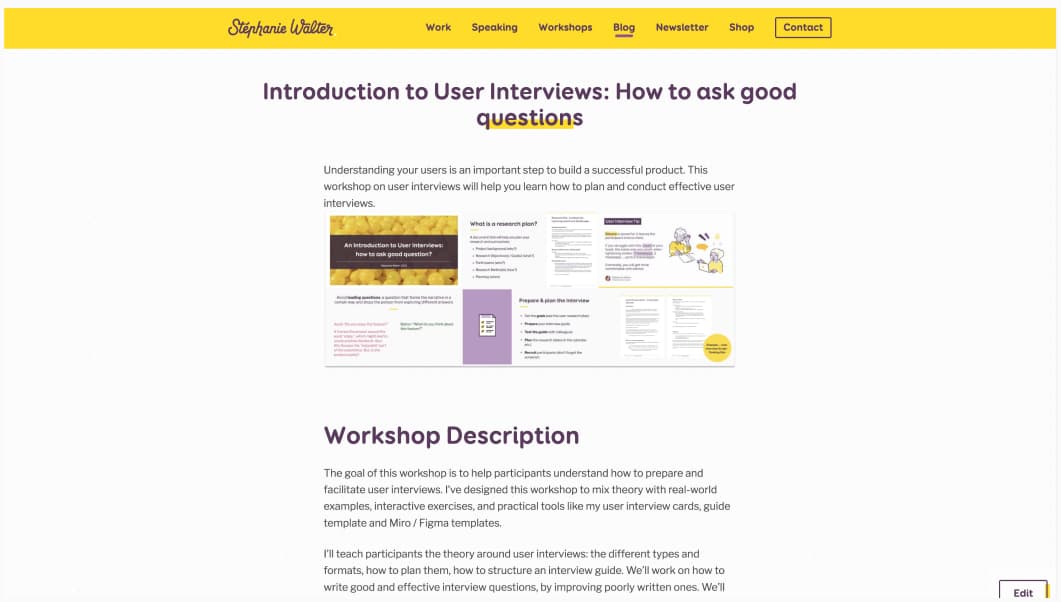 Screenshot of my "introduction to user interviews how to ask good questions" page