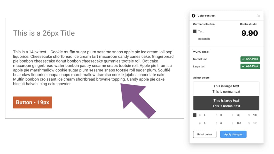 Screenshot of a contrast checker in Figma, with an arrow pointing at the text it is checking