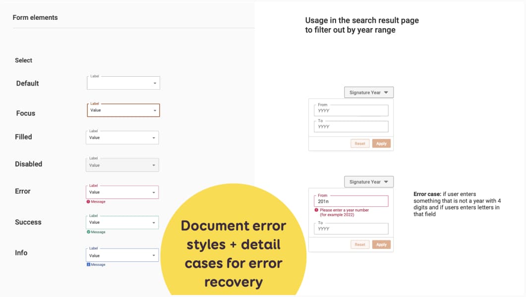 Example of form input generic documentation in the design system, and specific documentation when used on the page, with the text tagline "Document error styles + detail cases for error recovery"