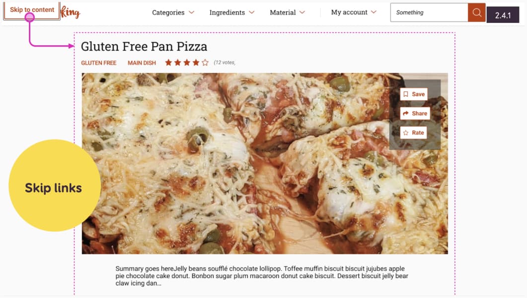 Example of skip links documentation, with an arrow pointing from the skip to content button, to the main area of the cooking recipe 