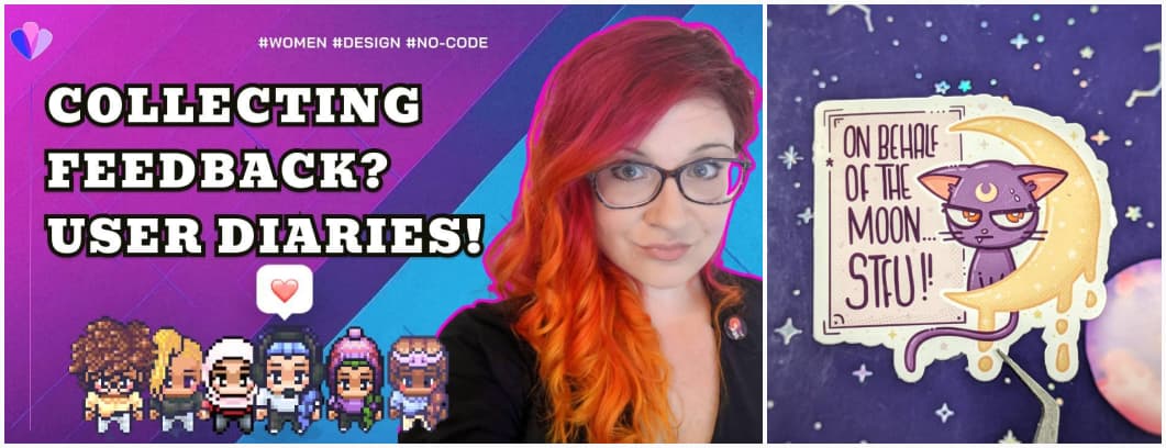 A montage of the meetup thumbnail with my face and the title collecting feedback? User diaries! and a cute sticker with a purple cat that has a moon on her face (Luna from Sailor Moon). She sits on a yellow moon, and there's a poster behind her saying on behalf of the moon, STFU!