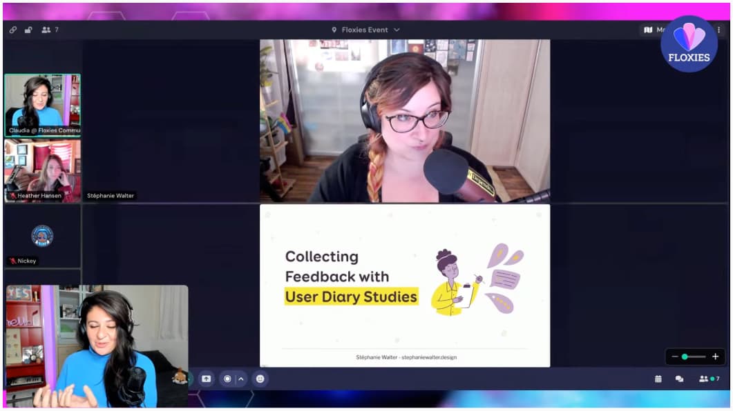 Screenshot of the online session with my face on camera and the title slide that says collecting feedback with user diary studies. The conference organizer and some participants are also on camera