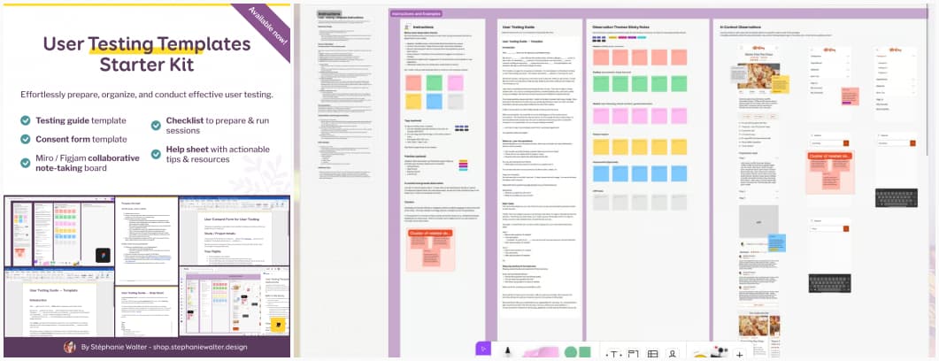 Collage of the promotional thumbnail of the template listing the unique selling points listed in this article and a Figjam board with different sticky notes on top of prototype mockups