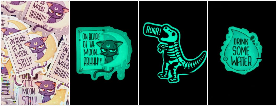 Collage of some Luna stickers with a cat on a moon croissant and the tagline On behalf of the Moon STFU, in color and glow in the dark version. A glow in the dark dinosaur skeleton sticker and a glow in the dark Drink Some Water