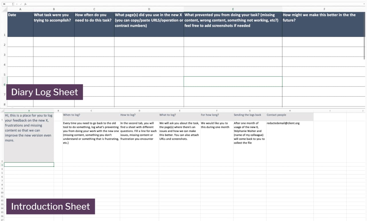 Example of our user diary in an Excel sheet split in 2 screenshots. The top on is the Diary Log Sheet. It contains columns for logging tasks, frequency, pages used, issues encountered, and improvement suggestions. The bottom on is the Introduction Sheet. It provides instructions on when, how, and what to log, the duration of the logging, and contact details for submitting logs.