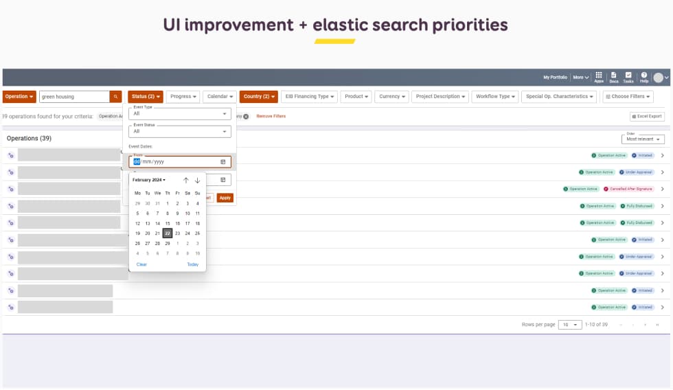 UI improvement + elastic search priorities. Screenshot of a complex search with many filters, including a data picker open and search results. 