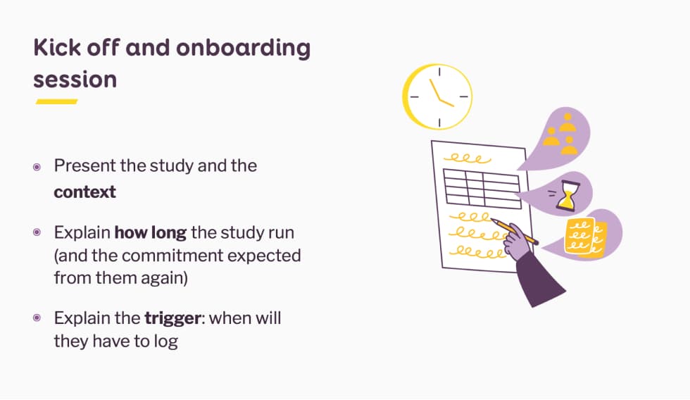 Kick off and onboarding session. Present the study and the context Explain how long the study run (and the commitment expected from them again) Explain the trigger: when will they have to log