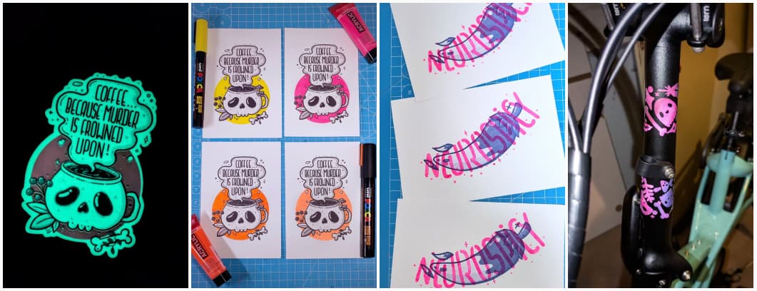 Collage of 4 pictures. The first shows a glowing coffee cup with a skull on it, accompanied by the text "Coffee Because Murder Is Frowned Upon!" In the middle, there are 4 printed designs featuring the same text and skull in different color schemes (yellow, orange, pink). On the right side, 3 printed designs are shown featuring the word Neurospicy in a bright, stylized pink font, on top of a blue pepper. The last one is a reflective pink pattern of bones, stars, ghosts placed on a bicycle frame.