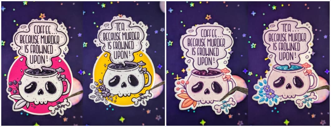 4 pictures of stickers, featuring a skull-shaped mug with steam getting out of the mug. Each sticker has text in the steam that humorously reads either “Coffee… because murder is frowned upon!” or “Tea… because murder is frowned upon!” Two of them are black and white, set on a pink and yellow round background. Two variation are full colored stickers, no background.