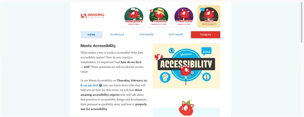 Screenshot of the smashing meet page for the workshop, featuring time and an illustration that reads "accesssibility" 