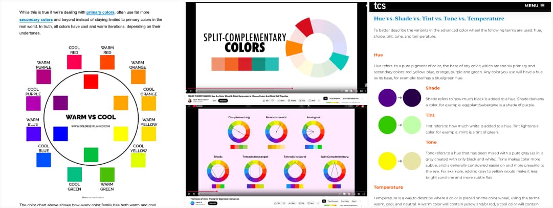 Collage of screenshots of 4 resources showing different color wheels and showcasing topics on hue, shade, tint, warm vs cold colors