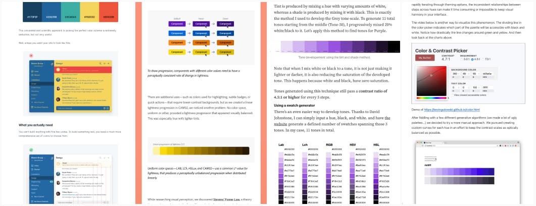 Collage of screenshots of 4 articles, showcasing how to use a color palette, different button color effects, a purple color scale, and some color contrast picker