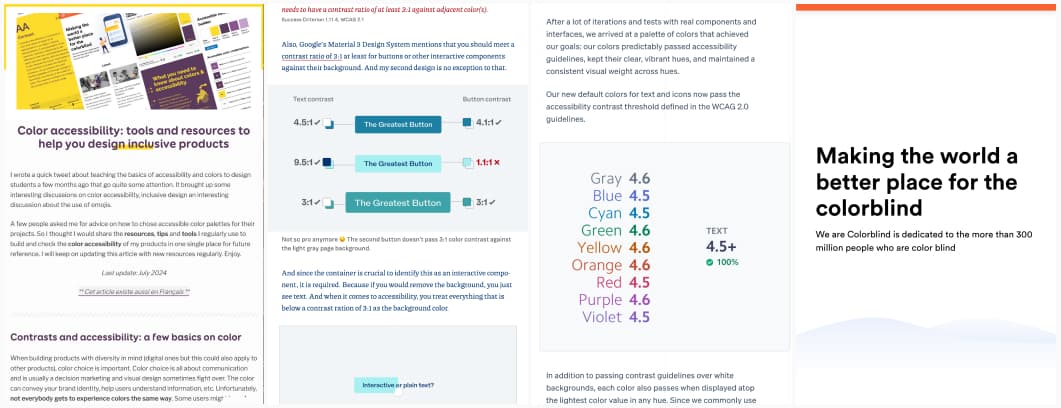 Collage of 4 screenshots of articles showcasing different aspects of contrast ratio and color accessibility