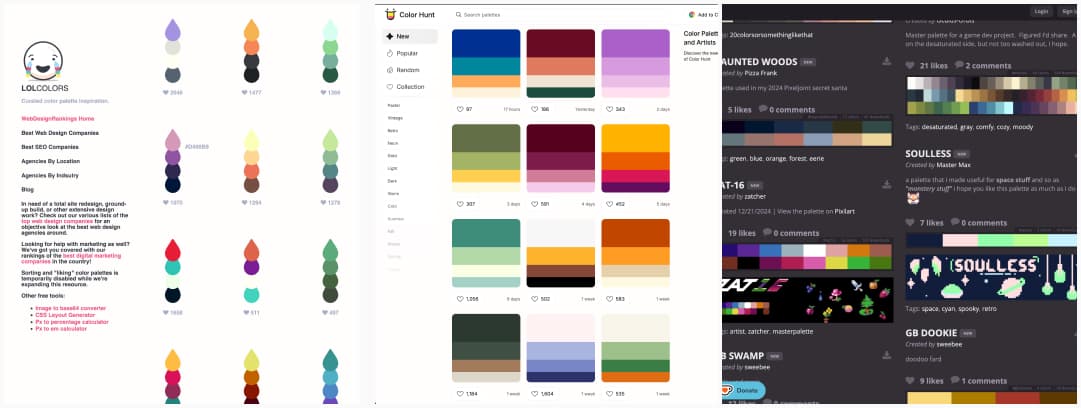 Collage of 3 screenshots of color palette tools. One uses little drops, the second boxes of color gradients and the third is dedicated to pixel art color palettes