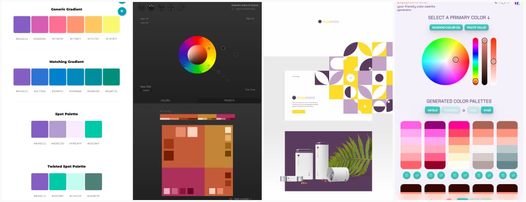 Collage of 4 screenshot of color palette generators, including color scheme variation based on the same color, and an example of a scheme applied to brand identity