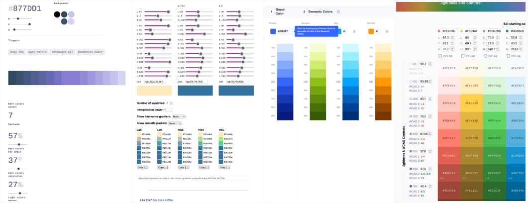 Collage of 4 screenshots of scales color picker: some showcase light to darker scale of the same color, and some, scales between multiple colors