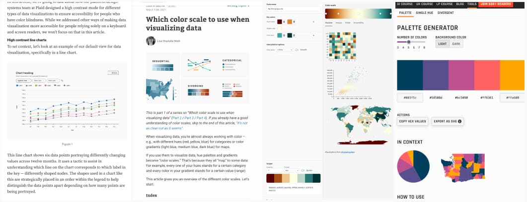 Collage of 4 screenshots of articles on color and data visualization, showcasing usage of colors in graphs, color scales and two tools to generate palettes specifically for data viz with examples of color applied to maps