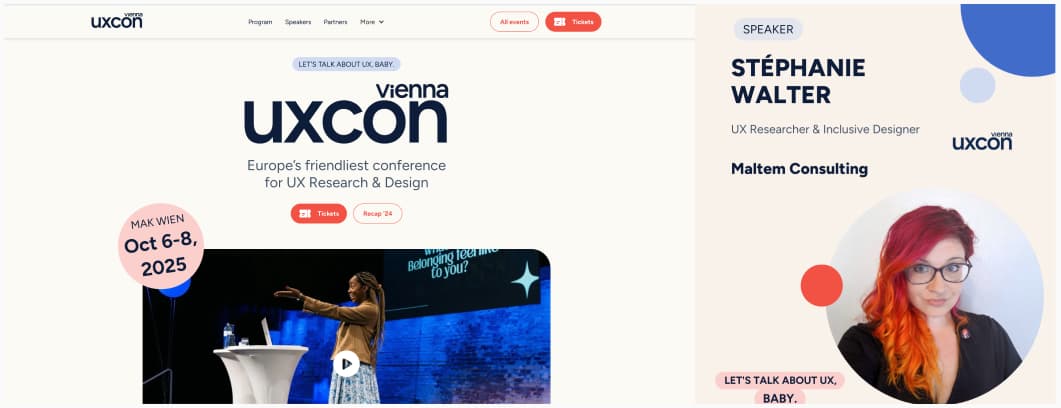 Screenshot of the uxconvienna website, with a picture of a speaker on stage, and the next event date: october 6 - 8 2025. A promotional headshot is on the right, for Stéphanie Walter, maltem consulting, with a head shot of the speaker, who has pink and orange hair and glasses