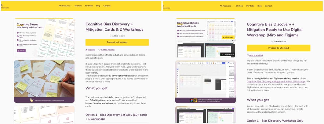 Screenshots of the Cognitive Bias Discovery + Mitigation Cards & 2 Workshops and Cognitive Bias Discovery + Mitigation Ready to Use Digital Workshop (Miro and Figjam) on the shop