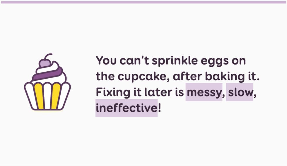 Illustration of a cupcake with quote reading: You can’t sprinkle eggs on the cupcake, after baking it. Fixing it later is messy, slow, ineffective. 
