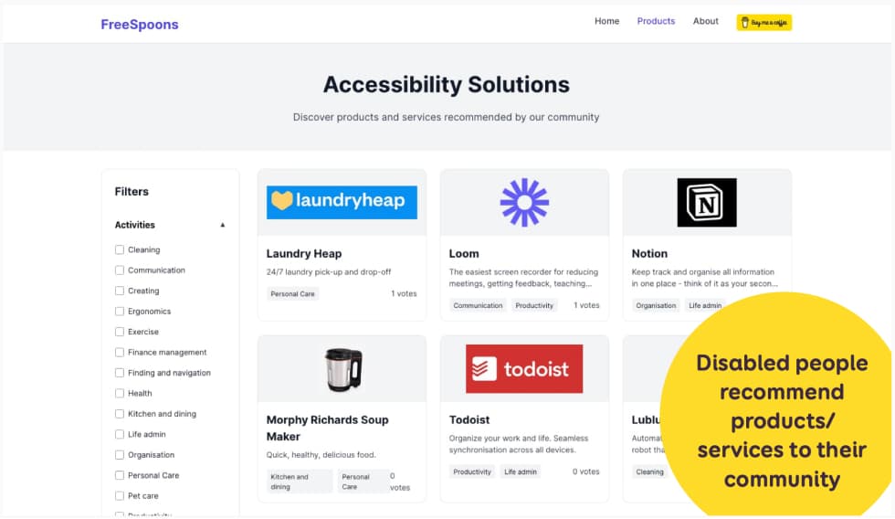 Screenshot of a Accessibility Solutions from FreeSpoons website, showing recommended products and services. Listings include Laundry Heap, Loom, Notion, Morphy Richards Soup Maker, Todoist, and Lublu. A sidebar offers activity filters. Title on top of the screenshot reads: disabled people recommend products or services to their community.