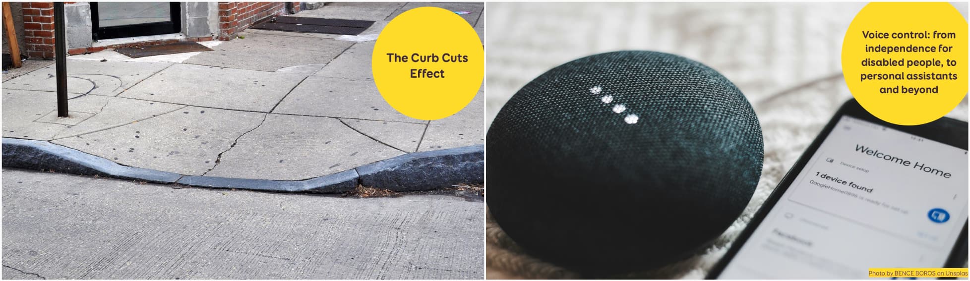 Side-by-side photos showing examples of accessible design benefiting all. Left image shows a sidewalk curb cut labeled The Curb Cuts Effect. Right image shows a smart speaker and smartphone screen with the message Welcome Home, labeled Voice control: from independence for disabled people, to personal assistants and beyond.