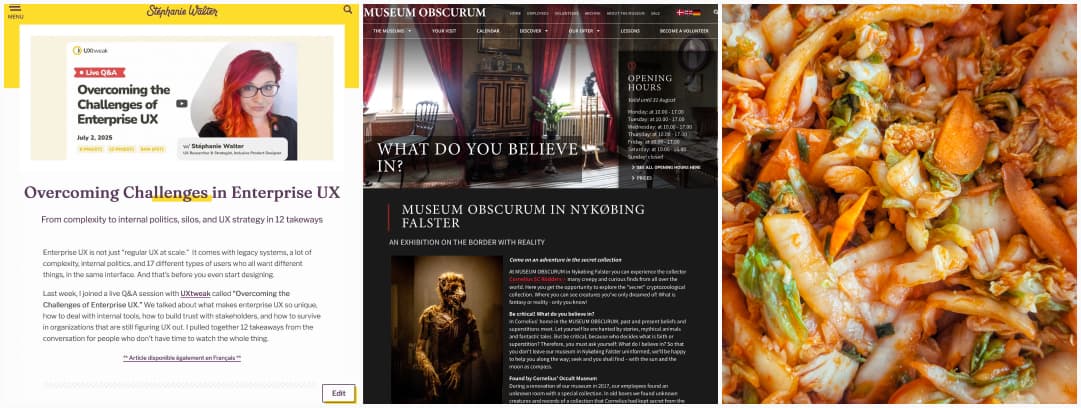 Collage of three images: first, a screenshot of a blog post titled Overcoming the Challenges of Enterprise UX. Second, a screenshot of the Museum Obscurum website showing a darkly lit room, exhibition details, and a werewolf photo. Third, a close-up photograph of spicy kimchi with visible cabbage, carrots, and chili seasoning.