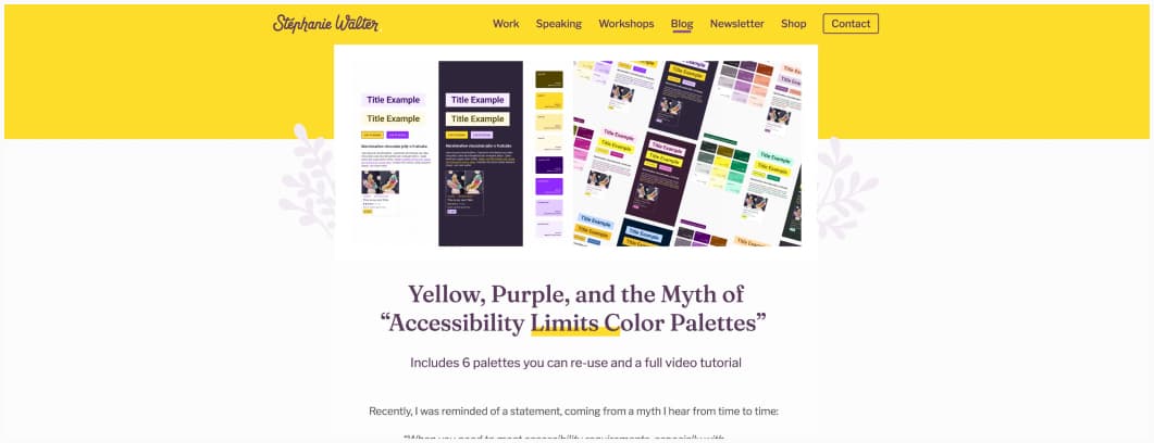 Screenshot of the article "Yellow, purple and the myth of accessibility limits color Palettes" on my blog