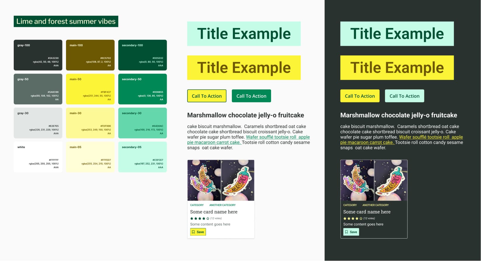 Color palette titled Lime and forest summer vibes, showcasing gray, lime yellow and forest green in 4 different dark and light shades, each with hex and rgba codes. The palette is used in components on the right including title examples yellow and green buttons and a card layout with images and ratings.