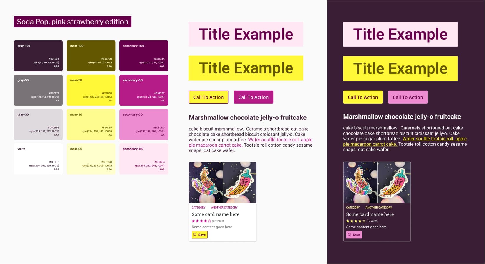Color palette titled Soda Pop pink strawberry edition, featuring gray a citrus yellow and strawberry pink in 4 different dark and light shades each with hex and rgba codes. The palette is used in components on the right including title examples yellow and strawberry pink buttons and a card layout with images and ratings.