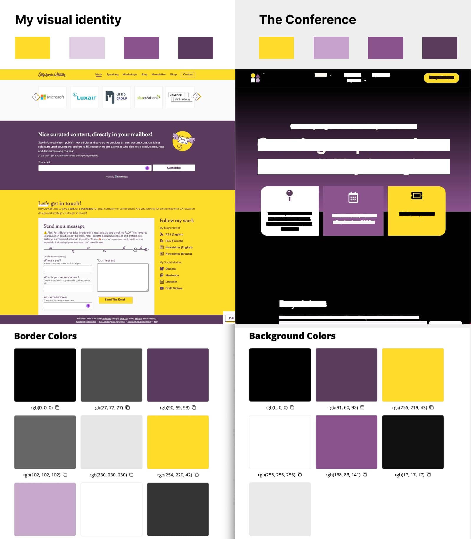 Comparison of two websites using similar yellow and purple palettes. On the left, my personal visual identity site with yellow headers, purple sections, and white content areas. On the right, a conference site using black, and similar purple, and yellow. Below, color swatches are shown with RGB values for both palettes that are very similar. For example rgb(254,220,42) for my yellow, rgb(255,219,43) for the other site. And rgb(90,59,93) for my aubergine purple, rgb(91,61,92) for the other site. 