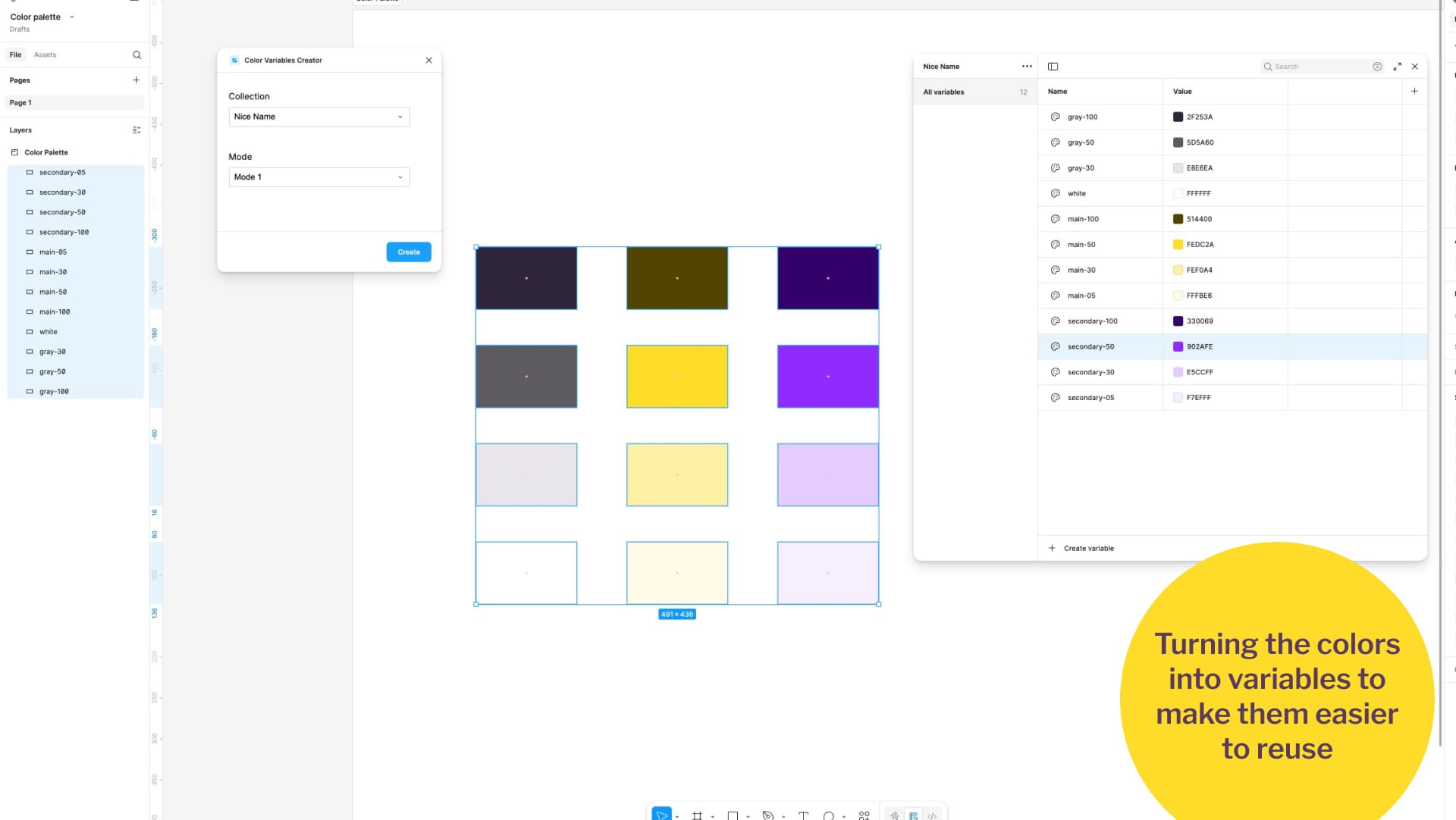 A grid of color swatches in yellow, purple, and gray, the Color Variables Creator plugin panel, and a variables list with names like main-100, main-50, main-30, and main-05.
