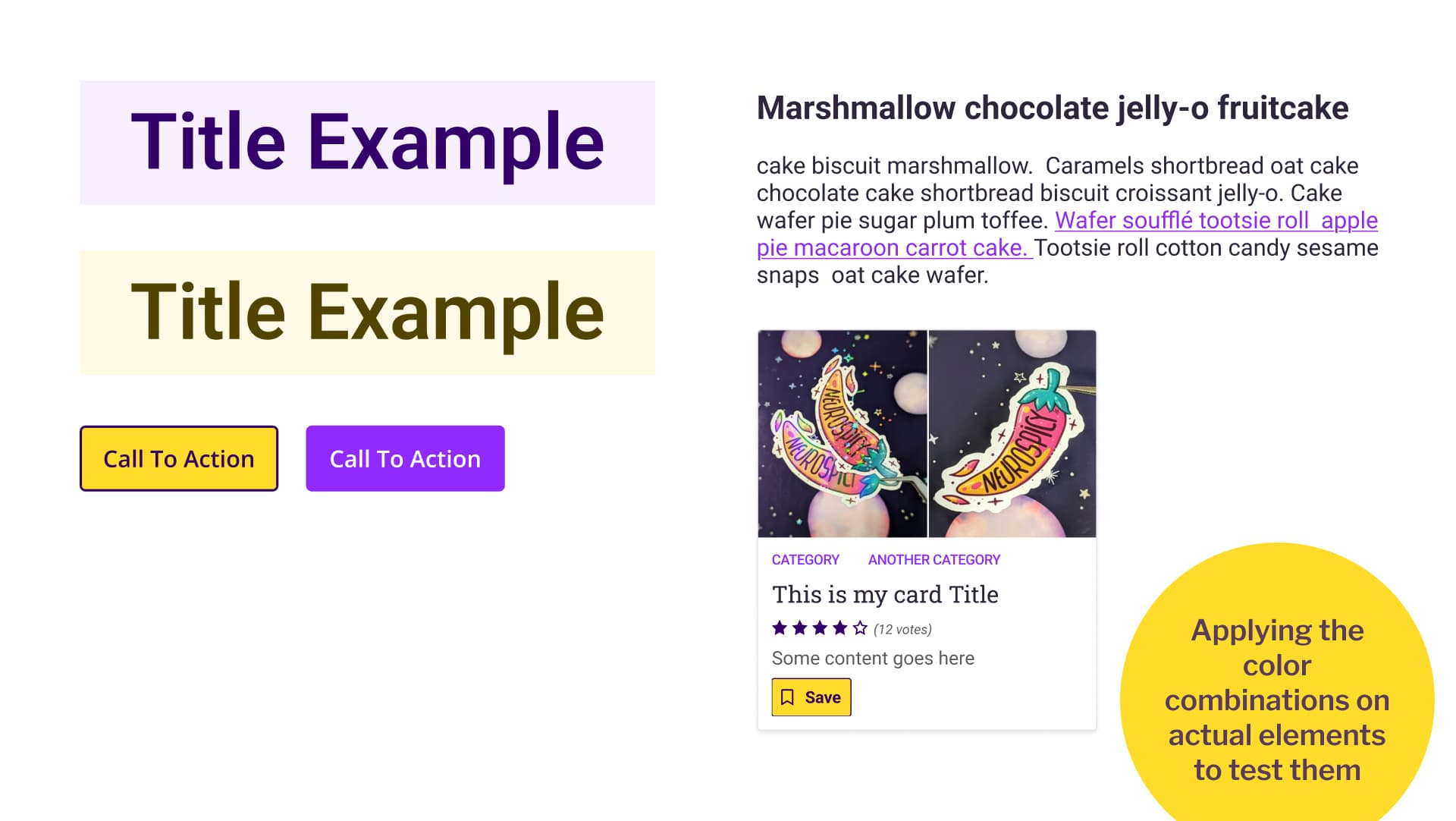 Example of different components applying color palette in light mode, showing purple text on light purple background, dark yellow text on pale yellow background, yellow and purple call to action buttons, and a sample card with purple links, yellow save button, and purple rating stars. 