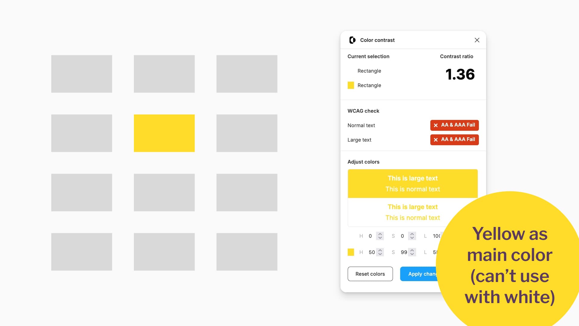 12 rectangles to build a color palette. One is yellow, with a contrast ratio of 1.36 against white. 