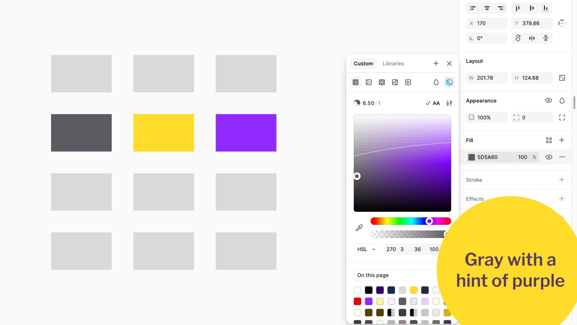12 rectangles to build a color palette. One is yellow, one is purple and one is dark gray. The gray has a contrast ratio of 6.50 against white, shown in the Figma color picker.