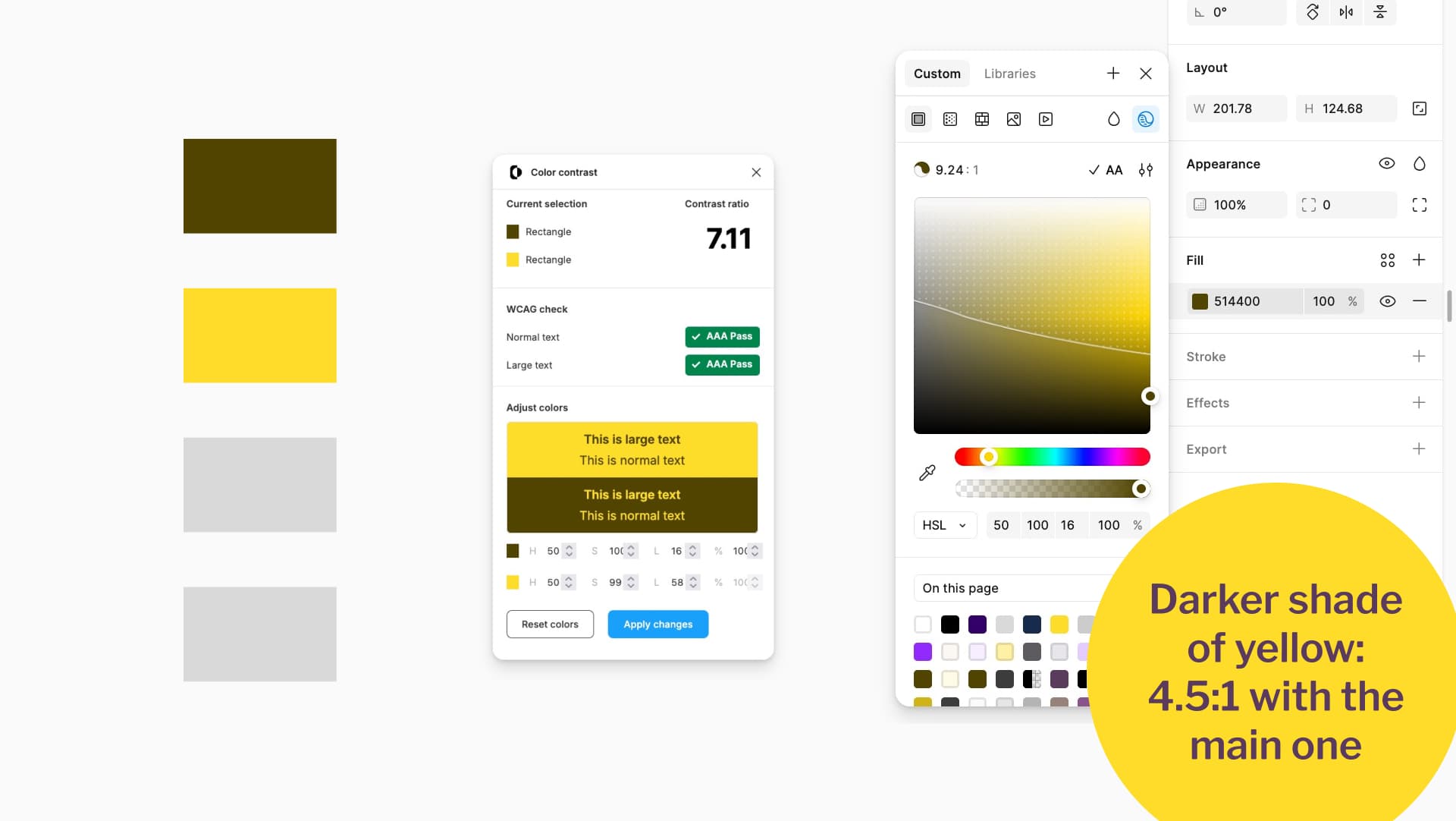 A yellow color ramp with bright yellow and dark yellow. A color contrast checker displaying ratio 7.11 with AAA pass for the contrast between the two yellow. The Figma color tool is open, showing the dark yellow on a curve. 