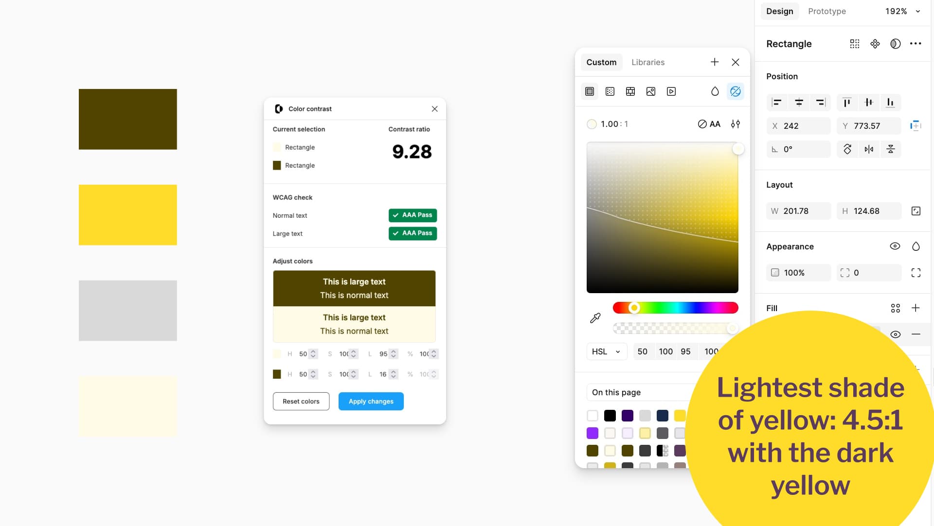 A yellow color ramp with bright yellow, dark yellow, gray, and pale yellow. A color contrast checker displays ratio 9.28 with AAA pass for the contrast between dark yellow and pale yellow. 