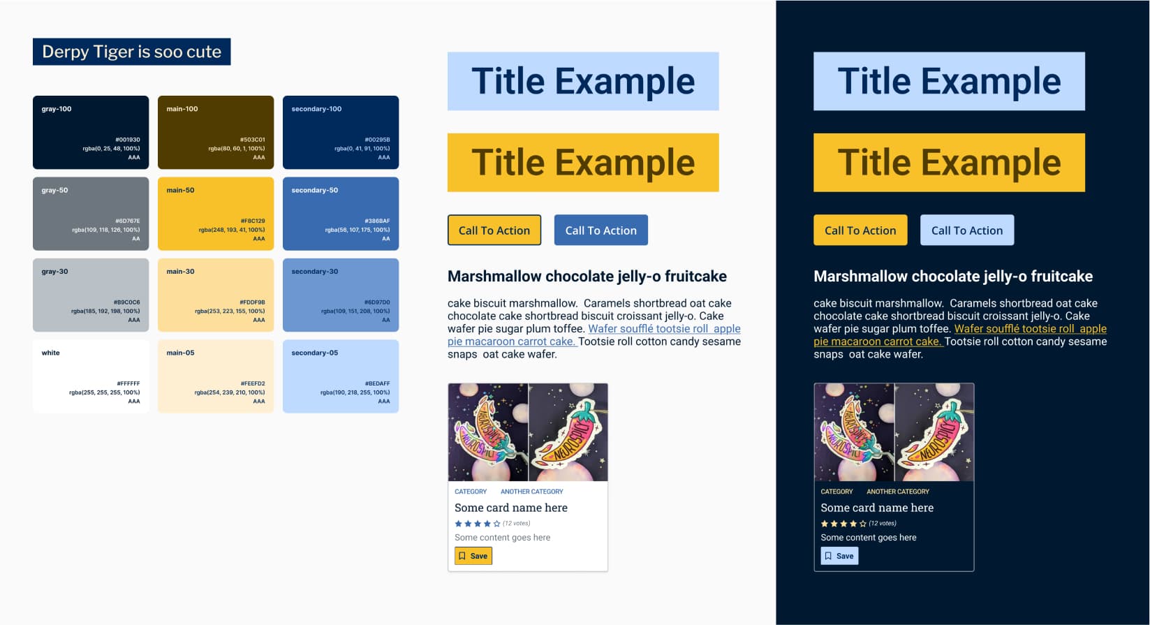 Color palette titled Derpy Tiger is soo cute, showing gray a yellow with orange notes, and blue in 4 different dark and light shades each with hex and rgba codes. The palette is used in components on the right including title examples yellow and blue buttons and a card layout with images and ratings.