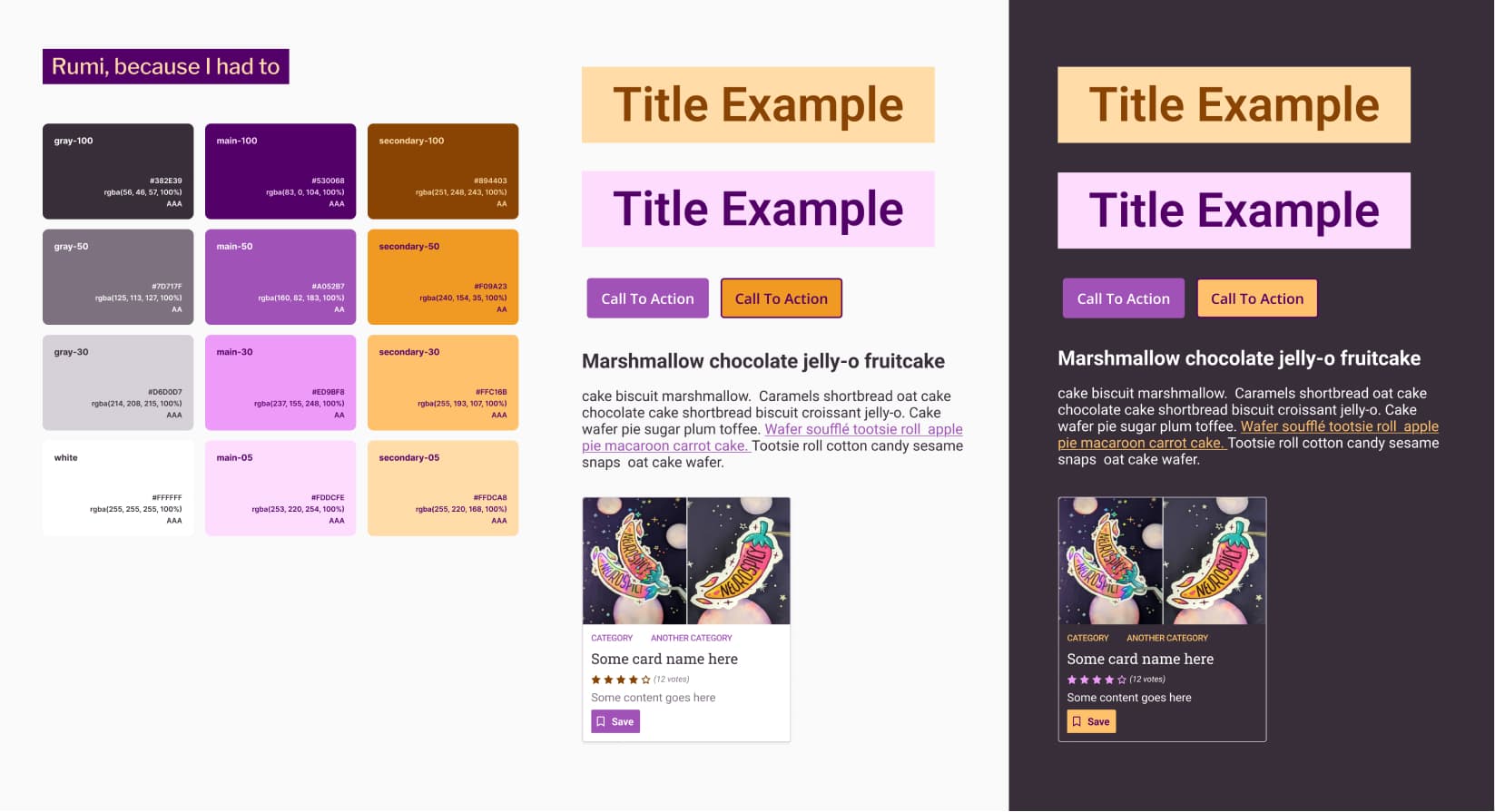 Color palette titled Rumi because I had to showing gray, magenta purple and orange in 4 different dark and light shades each with hex and rgba codes. The palette is used in components on the right including title examples purple and orange buttons and a card layout with images and ratings.