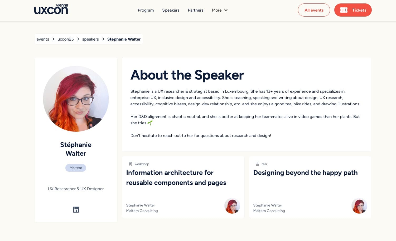 Screnshot of the uxcon vienna website featuring me, Stéphanie Walter, as a speaker. It shows a picture, a speaker bio, and the title of the Information architecture for reusable components and pages workshop, and of the Designing beyond the happy path talk.