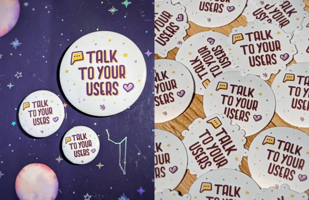 Multiple round and cloud shaped stickers, and rounded badges with the text Talk To Your Users in bold purple letters beside a yellow chat bubble and purple heart.