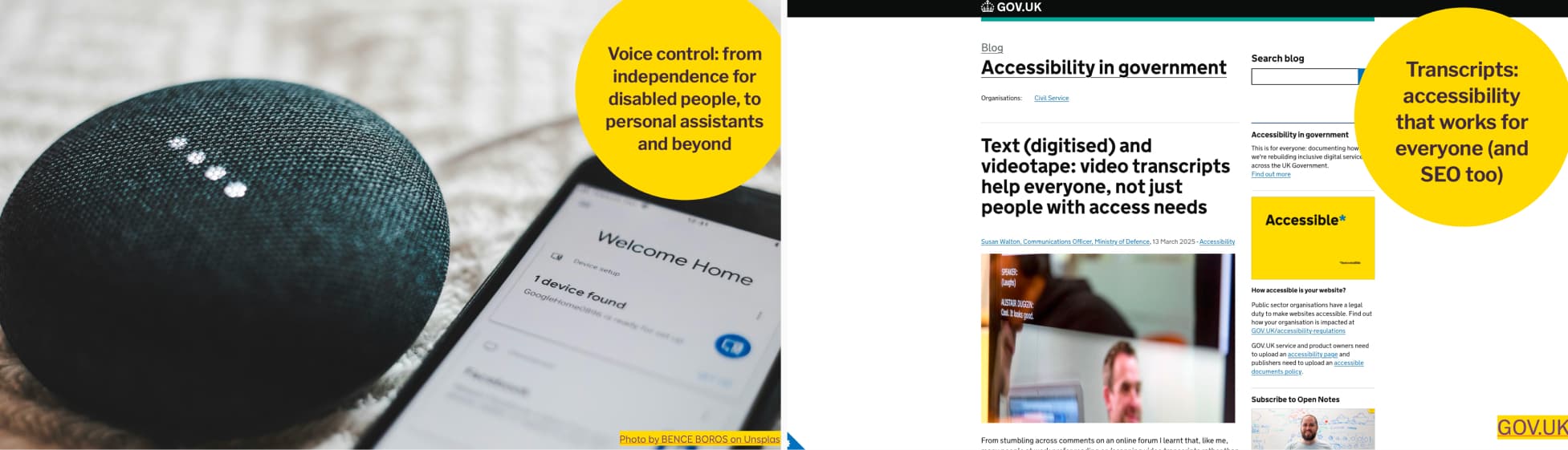Photo of a google voice assistant with the title and a screenshot of GOV.UK Accessibility in government webpage titled Text (digitised) and videotape, with the title.