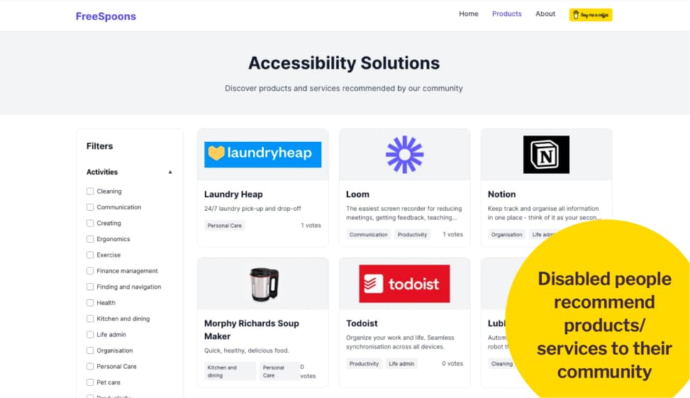 Screenshot of the FreeSpoons website displaying accessibility solutions with a grid of recommended products and services, including Laundry Heap, Loom, Notion, Morphy Richards Soup Maker, Todoist, and Lubluelu robot vacuum.
