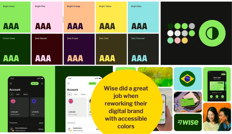 Screenshot of design system color palette swatches showcasing different color combinations of green, pastel pink, pastel peach, yellow and light blue, with wise banking app mockups, and a montage of how the colors are used in their new identity.