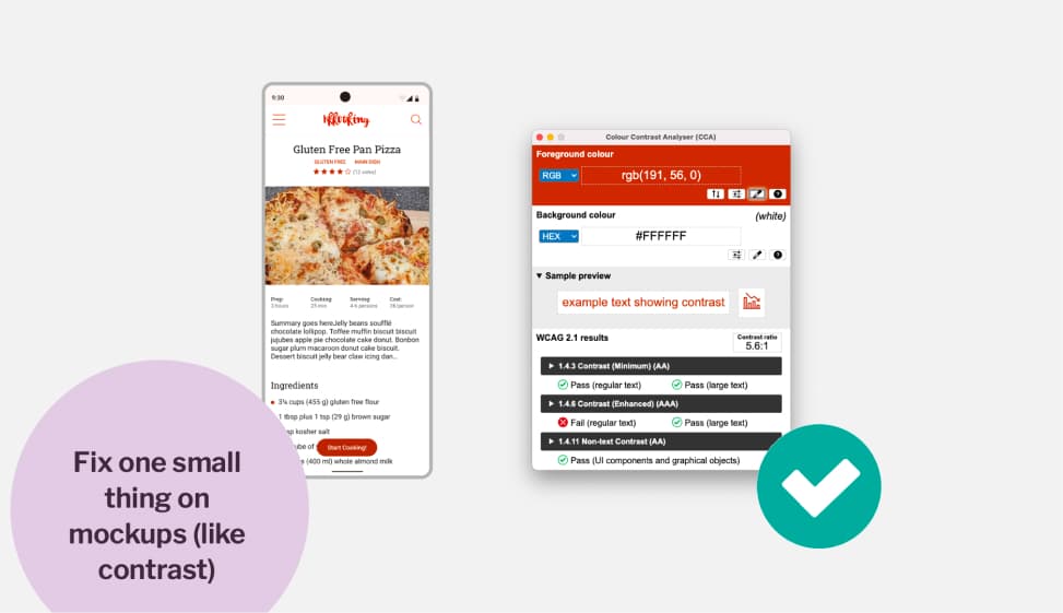 Screenshot of gluten free pizza recipe in native mobile app on left showing pizza image ingredients and orange button next to color contrast checker on right passing WCAG for white text on orange button with 5.6:1 score for regular text